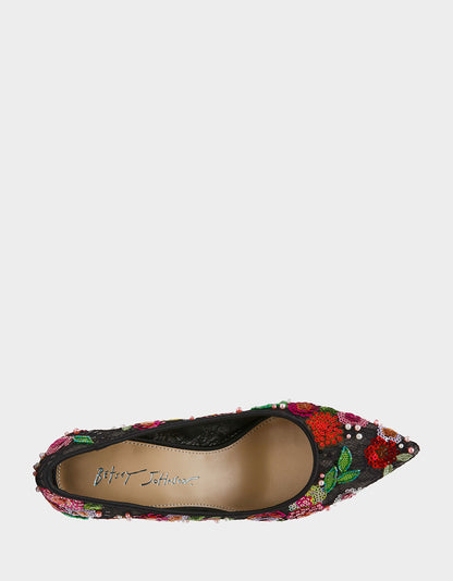CYRUS Black Floral Pointed-Toe Sequin Embellished Women's Heel | Betsey Johnson Latest