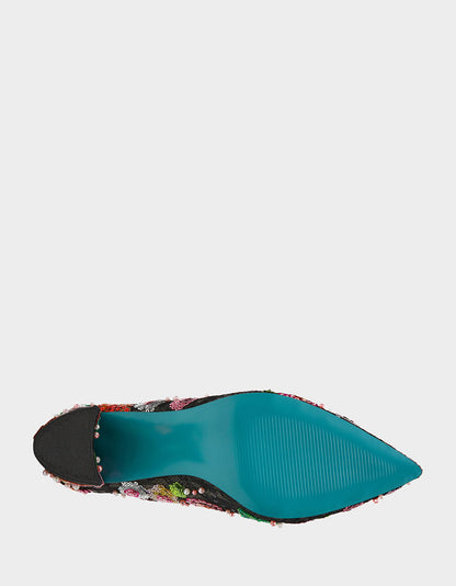 CYRUS Black Floral Pointed-Toe Sequin Embellished Women's Heel | Betsey Johnson Latest