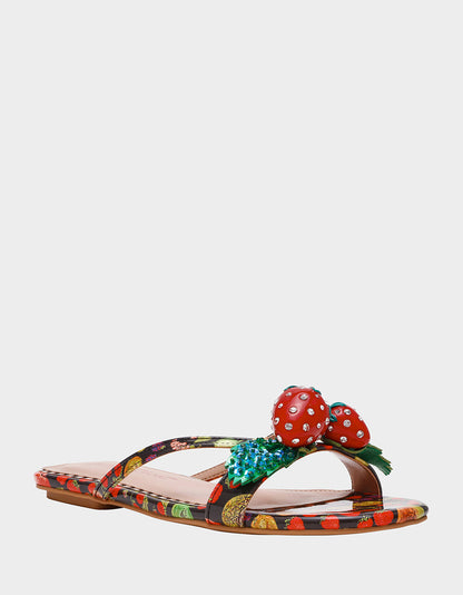 GARRIK BLACK MULTI Women's Thong Strappy Fruit Printed Sandal | Betsey Johnson Everyday