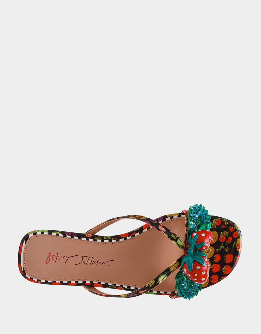 GARRIK BLACK MULTI Women's Thong Strappy Fruit Printed Sandal | Betsey Johnson Everyday