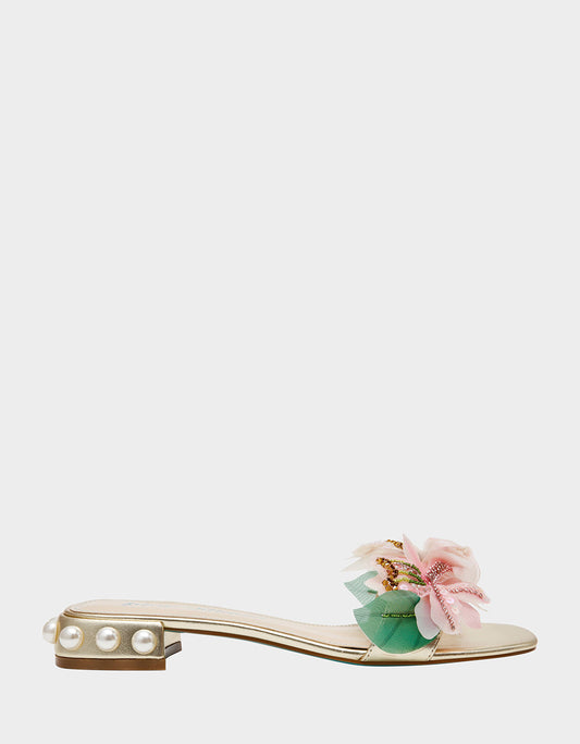 ROSIA Light Gold Flower Embellished Pearl Square-Toe Women's Block Heel | Betsey Johnson Great Value