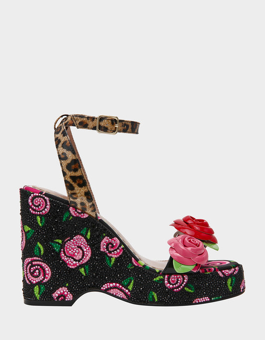 LIZZETE Black Rose Platform Flowers Embellished Women's Wedge Heel | Betsey Johnson Discount