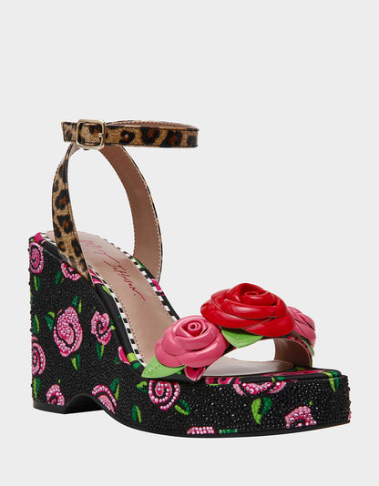LIZZETE Black Rose Platform Flowers Embellished Women's Wedge Heel | Betsey Johnson Discount