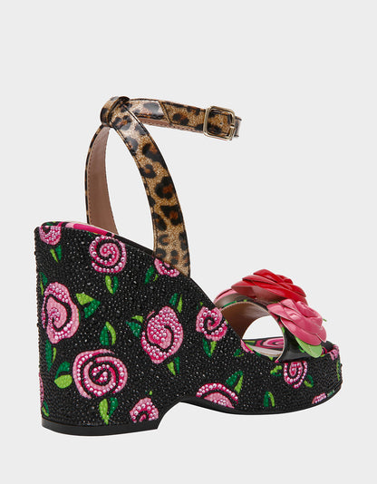 LIZZETE Black Rose Platform Flowers Embellished Women's Wedge Heel | Betsey Johnson Discount