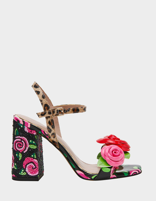 KRYSTLE Black Rose Flower Embellished Women's Block Heel | Betsey Johnson Smart Buy