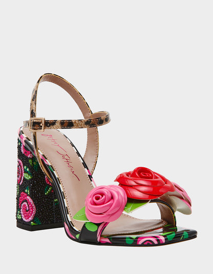 KRYSTLE Black Rose Flower Embellished Women's Block Heel | Betsey Johnson Smart Buy