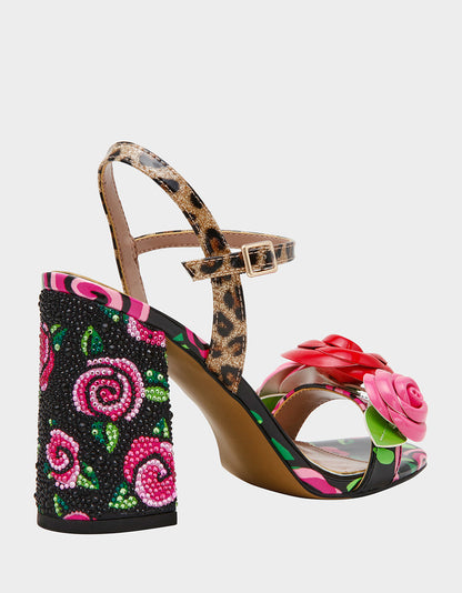KRYSTLE Black Rose Flower Embellished Women's Block Heel | Betsey Johnson Smart Buy