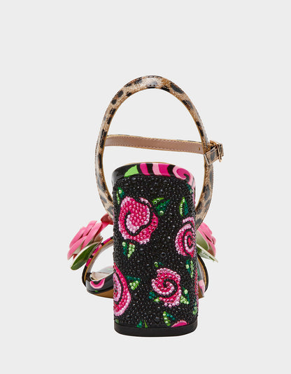 KRYSTLE Black Rose Flower Embellished Women's Block Heel | Betsey Johnson Smart Buy