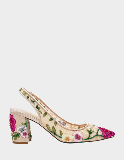 LIRA BLUSH MULTI FLORAL Pointed-Toe Slingback Mesh Women's Heel | Betsey Johnson Best Seller