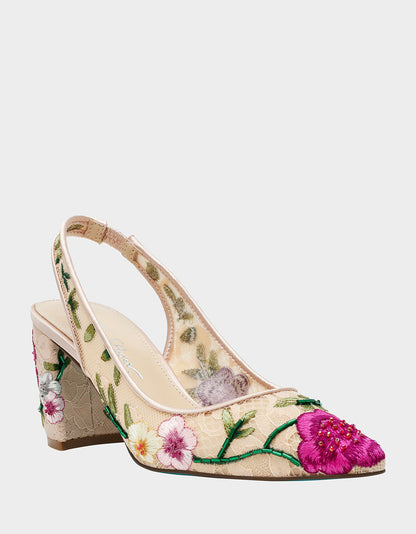 LIRA BLUSH MULTI FLORAL Pointed-Toe Slingback Mesh Women's Heel | Betsey Johnson Best Seller