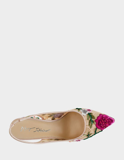 LIRA BLUSH MULTI FLORAL Pointed-Toe Slingback Mesh Women's Heel | Betsey Johnson Best Seller