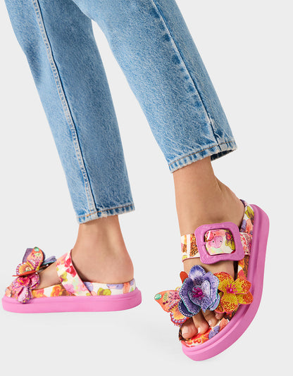 LORAYNE WHITE MULTI Women's Footbed Slip-On Sandal with Flower and Butterfly Details | Betsey Johnson New
