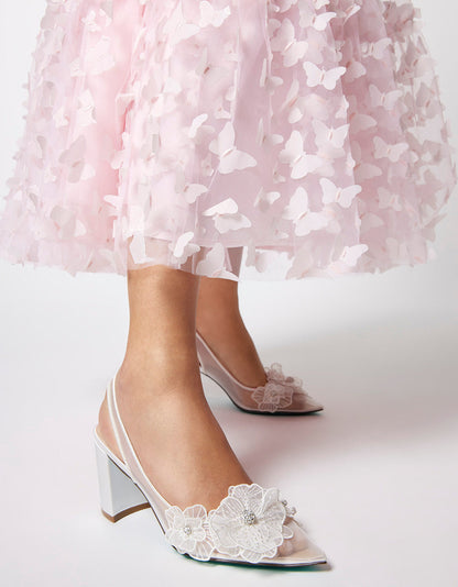 PETRA IVORY Slingback Floral Mesh Block Heel | Betsey Johnson Essential