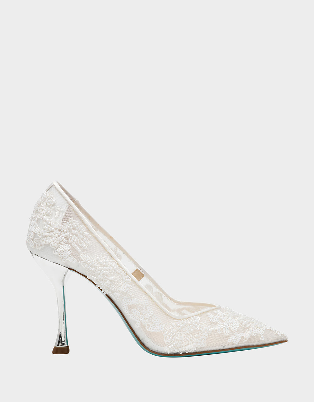 JENII IVORY Pointed-Toe Mesh Embellished Floral Print Pump Women's Heel | Betsey Johnson Featured