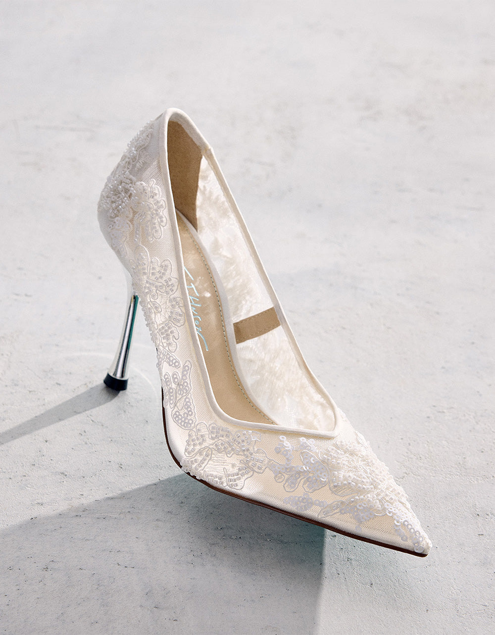 JENII IVORY Pointed-Toe Mesh Embellished Floral Print Pump Women's Heel | Betsey Johnson Featured