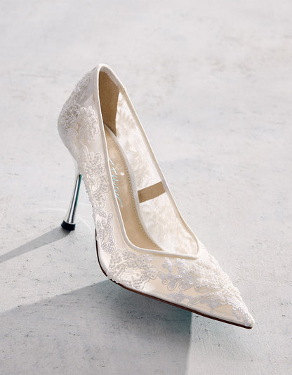 JENII IVORY Pointed-Toe Mesh Embellished Floral Print Pump Women's Heel | Betsey Johnson Featured