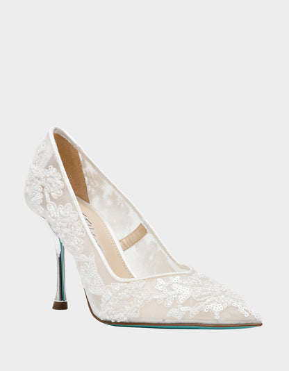 JENII IVORY Pointed-Toe Mesh Embellished Floral Print Pump Women's Heel | Betsey Johnson Featured