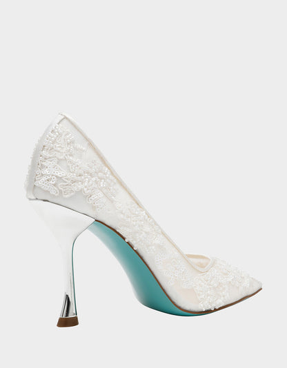 JENII IVORY Pointed-Toe Mesh Embellished Floral Print Pump Women's Heel | Betsey Johnson Featured
