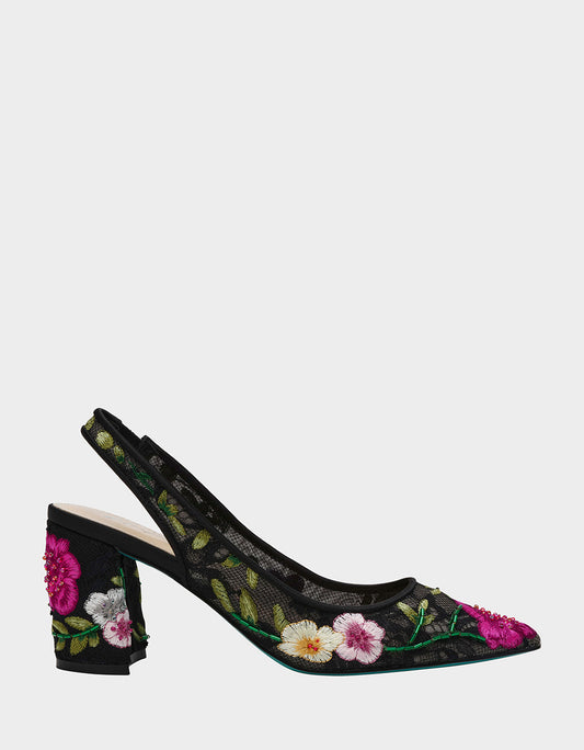 LIRA BLACK MULTI FLORAL Pointed-Toe Slingback Mesh Women's Heel | Betsey Johnson Best Price
