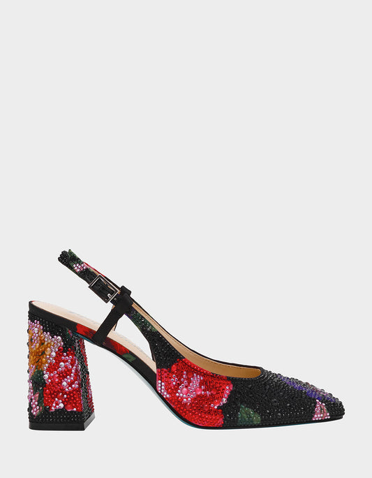 ELIAS BLACK MULTI FLORAL Square-Toe Slingback Women's Block Heel | Betsey Johnson Featured