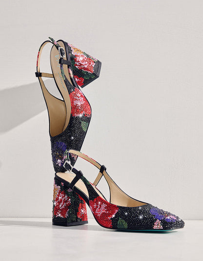 ELIAS BLACK MULTI FLORAL Square-Toe Slingback Women's Block Heel | Betsey Johnson Featured