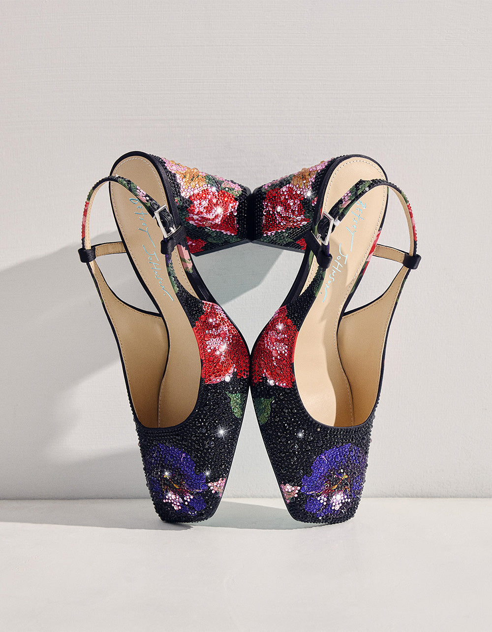 ELIAS BLACK MULTI FLORAL Square-Toe Slingback Women's Block Heel | Betsey Johnson Featured