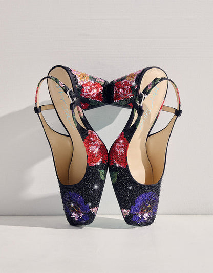 ELIAS BLACK MULTI FLORAL Square-Toe Slingback Women's Block Heel | Betsey Johnson Featured