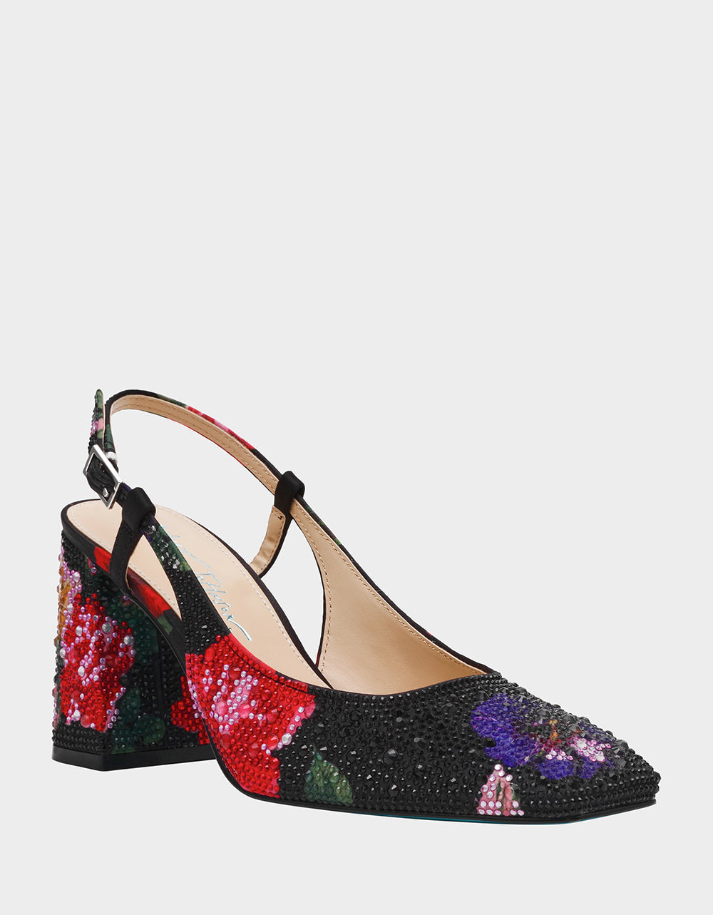 ELIAS BLACK MULTI FLORAL Square-Toe Slingback Women's Block Heel | Betsey Johnson Featured