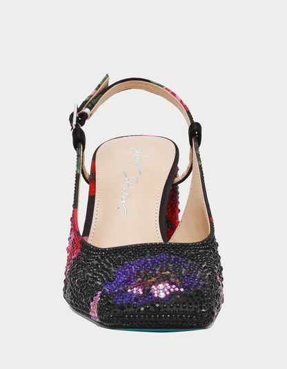 ELIAS BLACK MULTI FLORAL Square-Toe Slingback Women's Block Heel | Betsey Johnson Featured