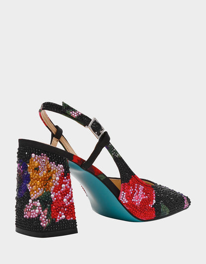 ELIAS BLACK MULTI FLORAL Square-Toe Slingback Women's Block Heel | Betsey Johnson Featured