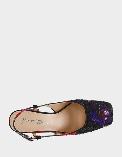ELIAS BLACK MULTI FLORAL Square-Toe Slingback Women's Block Heel | Betsey Johnson Featured