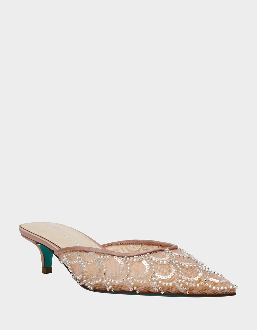 ELLIS NUDE Pointed-Toe Mesh Embellished Mule Women's Kitten Heel | Betsey Johnson Signature