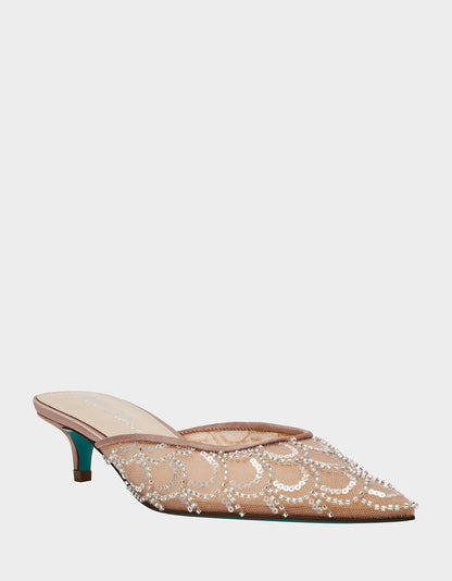 ELLIS NUDE Pointed-Toe Mesh Embellished Mule Women's Kitten Heel | Betsey Johnson Signature