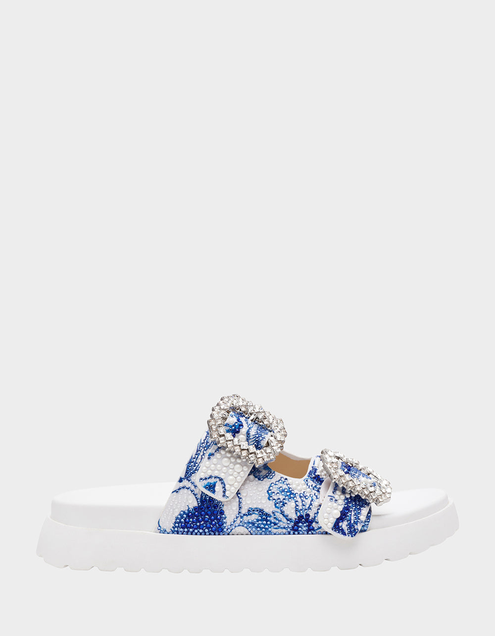MATIE WHITE BLUE FLORAL Women's Footbed Slip-On Floral Rhinestone Sandal | Betsey Johnson Classic