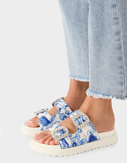 MATIE WHITE BLUE FLORAL Women's Footbed Slip-On Floral Rhinestone Sandal | Betsey Johnson Classic