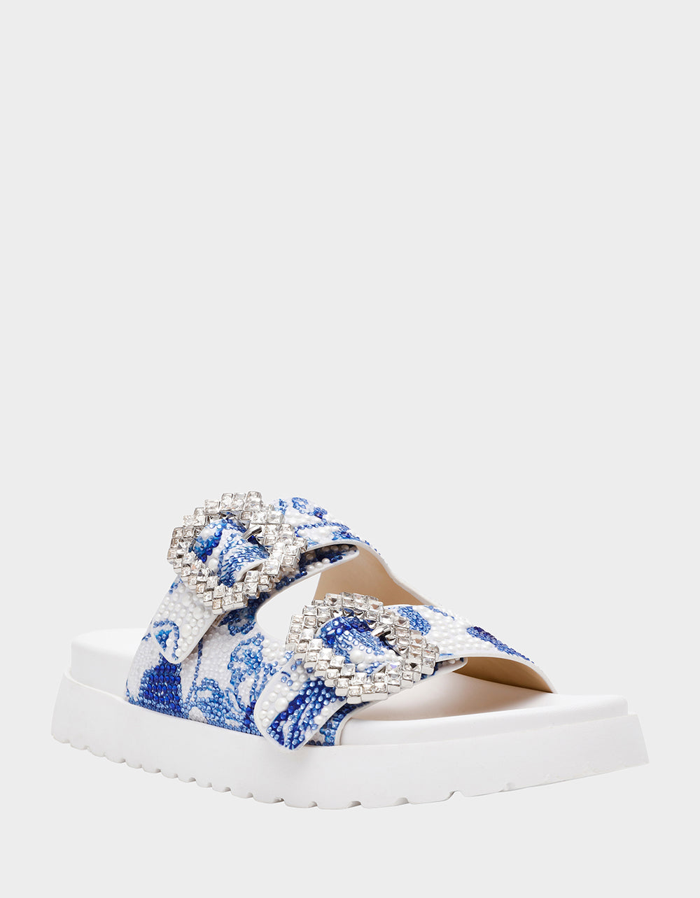 MATIE WHITE BLUE FLORAL Women's Footbed Slip-On Floral Rhinestone Sandal | Betsey Johnson Classic