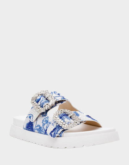 MATIE WHITE BLUE FLORAL Women's Footbed Slip-On Floral Rhinestone Sandal | Betsey Johnson Classic