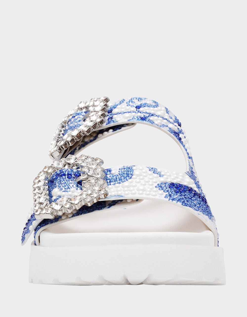 MATIE WHITE BLUE FLORAL Women's Footbed Slip-On Floral Rhinestone Sandal | Betsey Johnson Classic