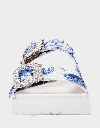 MATIE WHITE BLUE FLORAL Women's Footbed Slip-On Floral Rhinestone Sandal | Betsey Johnson Classic