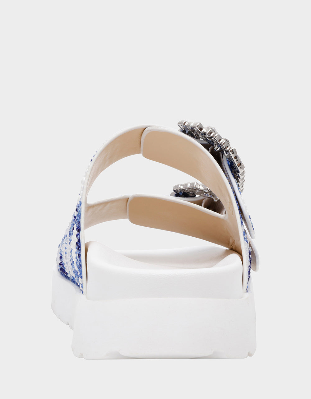 MATIE WHITE BLUE FLORAL Women's Footbed Slip-On Floral Rhinestone Sandal | Betsey Johnson Classic