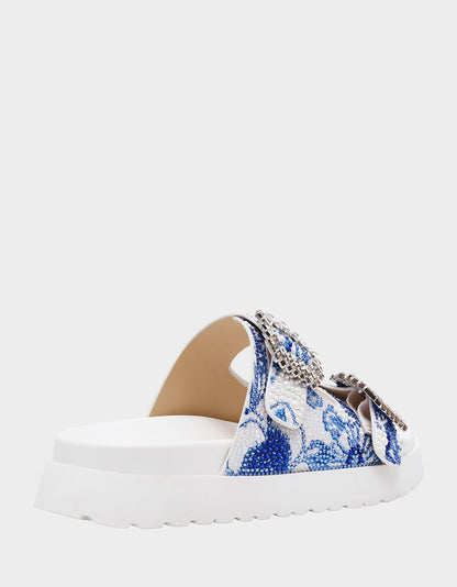 MATIE WHITE BLUE FLORAL Women's Footbed Slip-On Floral Rhinestone Sandal | Betsey Johnson Classic