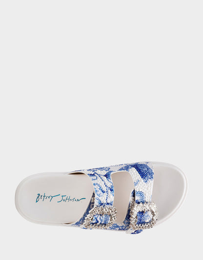 MATIE WHITE BLUE FLORAL Women's Footbed Slip-On Floral Rhinestone Sandal | Betsey Johnson Classic