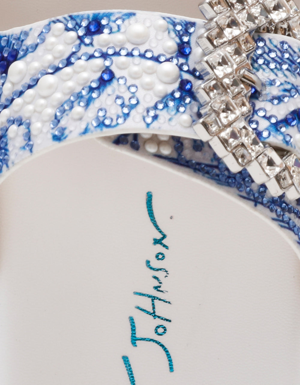 MATIE WHITE BLUE FLORAL Women's Footbed Slip-On Floral Rhinestone Sandal | Betsey Johnson Classic