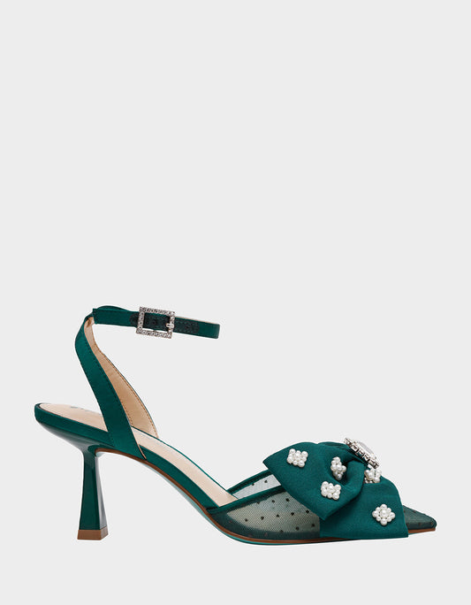 MARK EMERALD Pointed-Toe Mesh Pump Rhinestone Bow Women's Heel | Betsey Johnson Customer Favorite