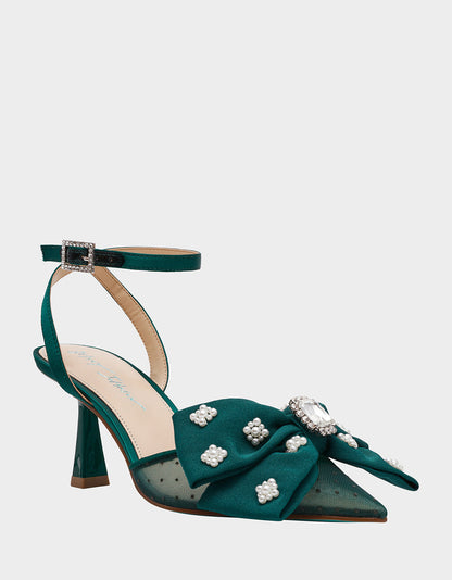 MARK EMERALD Pointed-Toe Mesh Pump Rhinestone Bow Women's Heel | Betsey Johnson Customer Favorite