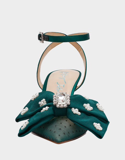 MARK EMERALD Pointed-Toe Mesh Pump Rhinestone Bow Women's Heel | Betsey Johnson Customer Favorite