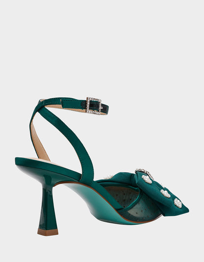 MARK EMERALD Pointed-Toe Mesh Pump Rhinestone Bow Women's Heel | Betsey Johnson Customer Favorite