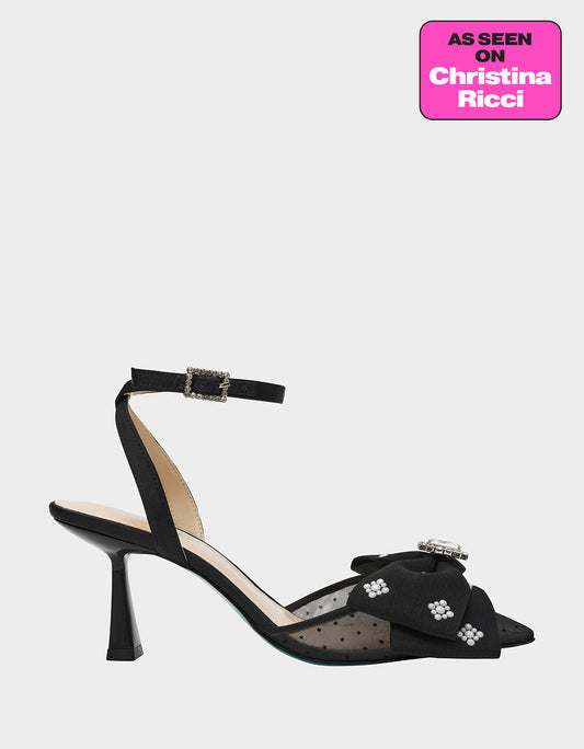 MARK BLACK Pointed-Toe Mesh Pump Rhinestone Bow Women's Heel | Betsey Johnson Top Pick