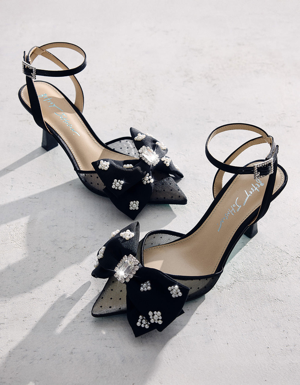 MARK BLACK Pointed-Toe Mesh Pump Rhinestone Bow Women's Heel | Betsey Johnson Top Pick