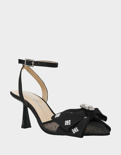 MARK BLACK Pointed-Toe Mesh Pump Rhinestone Bow Women's Heel | Betsey Johnson Top Pick